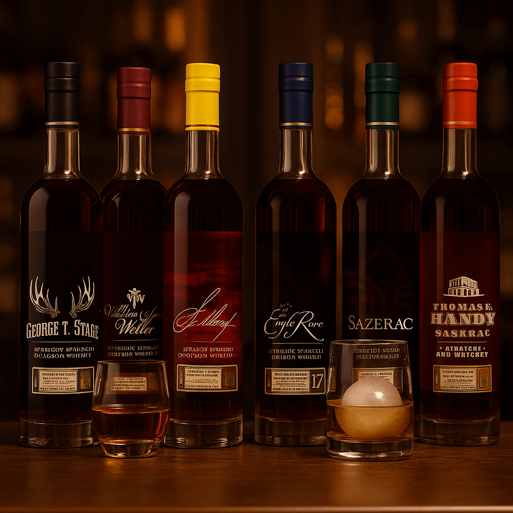 Buffalo Trace Antique Collection 2025 lineup on a rustic Texas table