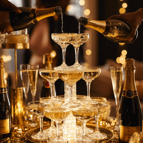 Champagne being poured into a cascading tower of coupe glasses at a festive New Year’s Eve celebration with warm lights and sparkling bottles.
