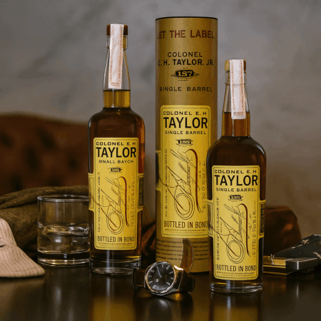 E.H. Taylor Small Batch and Single Barrel bottles with cylinders in a warm Texas lifestyle scene.