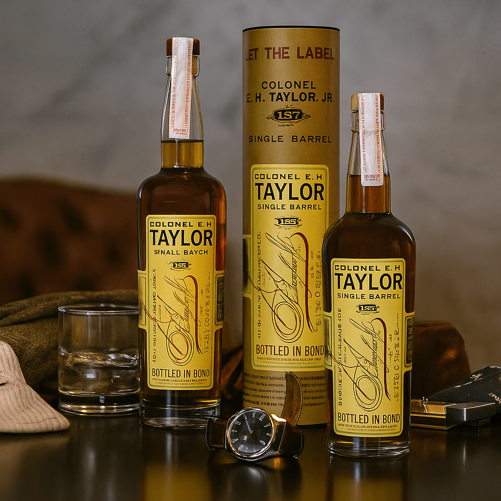 E.H. Taylor Small Batch and Single Barrel bottles with cylinders in a warm Texas lifestyle scene.