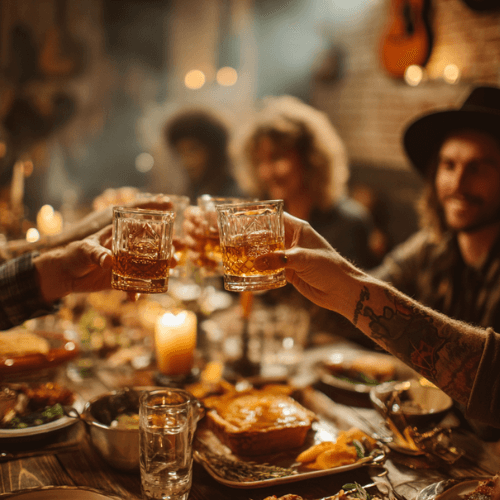 The Collector’s Holiday: Inside the Buffalo Trace Antique Collection 2025 Hands raising glasses of whiskey in a warm, festive toast around a dinner table.