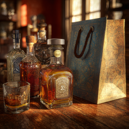 Premium whiskey and tequila bottles arranged neatly with a Texas gift bag