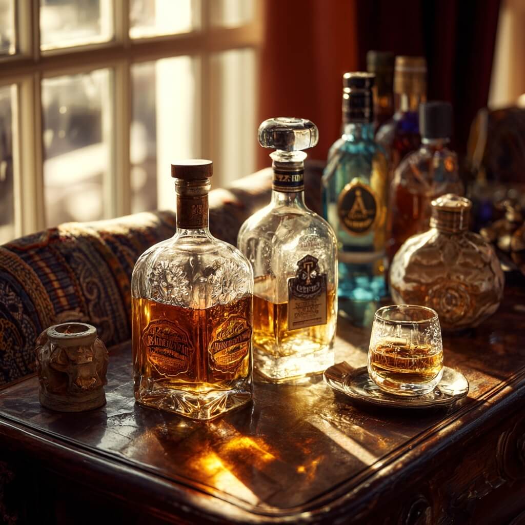 The Best Gift-Worthy Spirits: A Texas Selection Guide Premium whiskey and tequila bottles displayed on a wooden bar with Texas accents