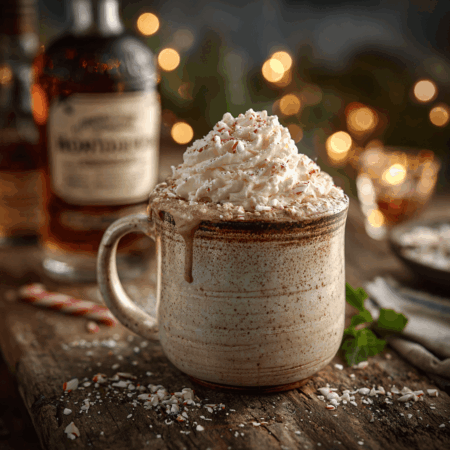 Mug of spiked hot chocolate topped with whipped cream, crushed peppermint, and a whiskey bottle in the background on a cozy Texas holiday table.