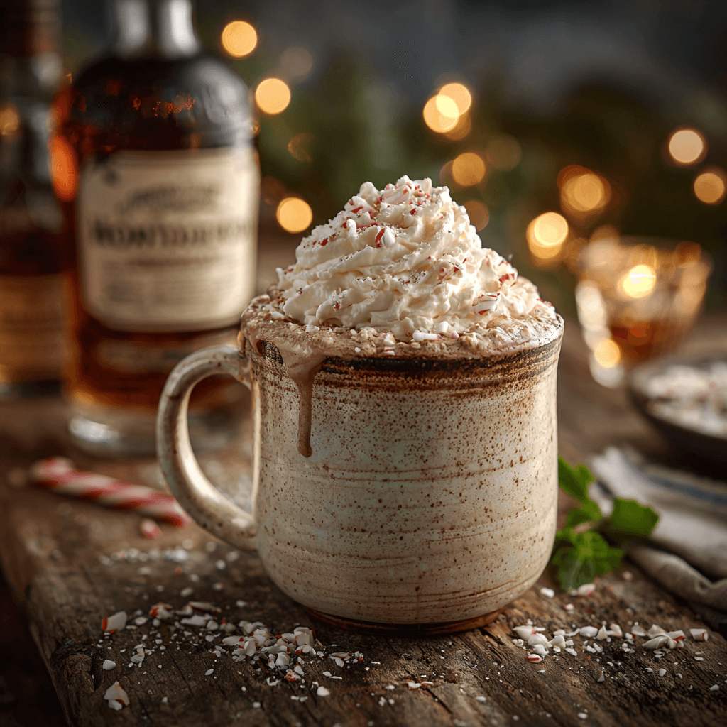 Mug of spiked hot chocolate topped with whipped cream, crushed peppermint, and a whiskey bottle in the background on a cozy Texas holiday table.