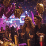 Couple celebrating New Year’s Eve in a Texas party scene with champagne glasses, balloons, confetti, and festive lighting.