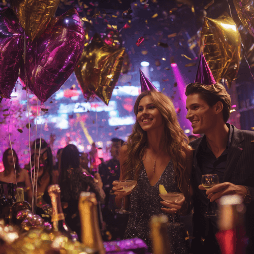 Couple celebrating New Year’s Eve in a Texas party scene with champagne glasses, balloons, confetti, and festive lighting.
