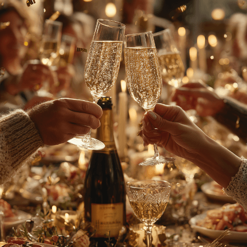 Hands raising champagne glasses for a New Year’s Eve toast at a warm Texas dinner table with sparkling wine, candles, and festive decorations.