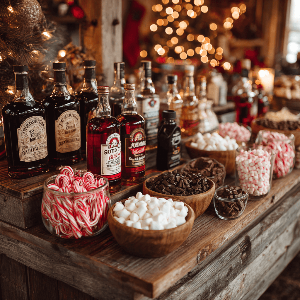 Celebrate National Cocoa Day with Boozy Hot Chocolate Recipes in Texas DIY hot chocolate bar with labeled spirits, toppings, and holiday decorations arranged on a Texas style serving table.