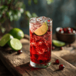 Get Everything You Need for Your Next Cranberry Vodka Night Tall glass of vodka cranberry cocktail with lime on a wooden table.