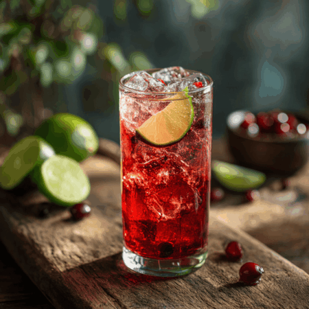 Tall glass of vodka cranberry cocktail with lime on a wooden table.