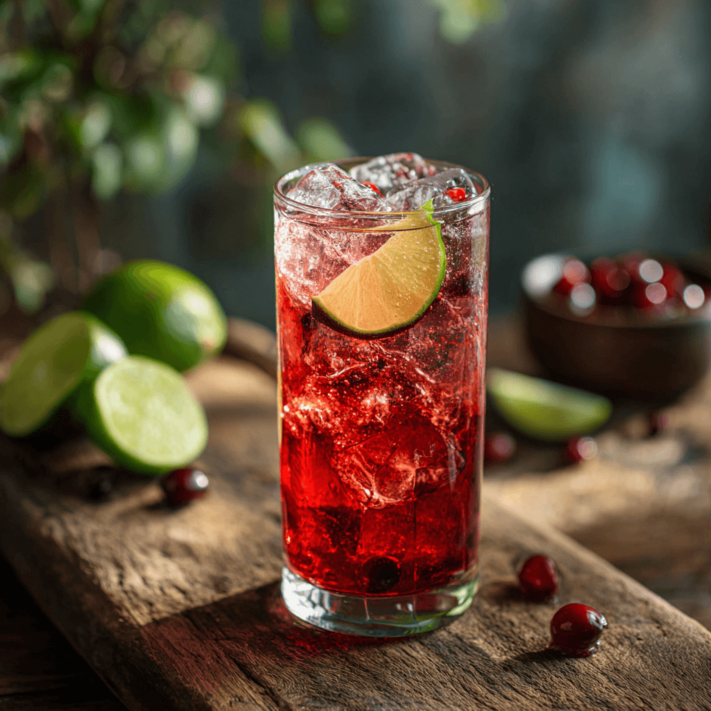 Tall glass of vodka cranberry cocktail with lime on a wooden table.