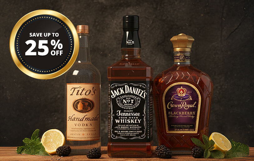 Tito’s, Jack Daniel’s, and Crown Royal bottles on a wooden ledge