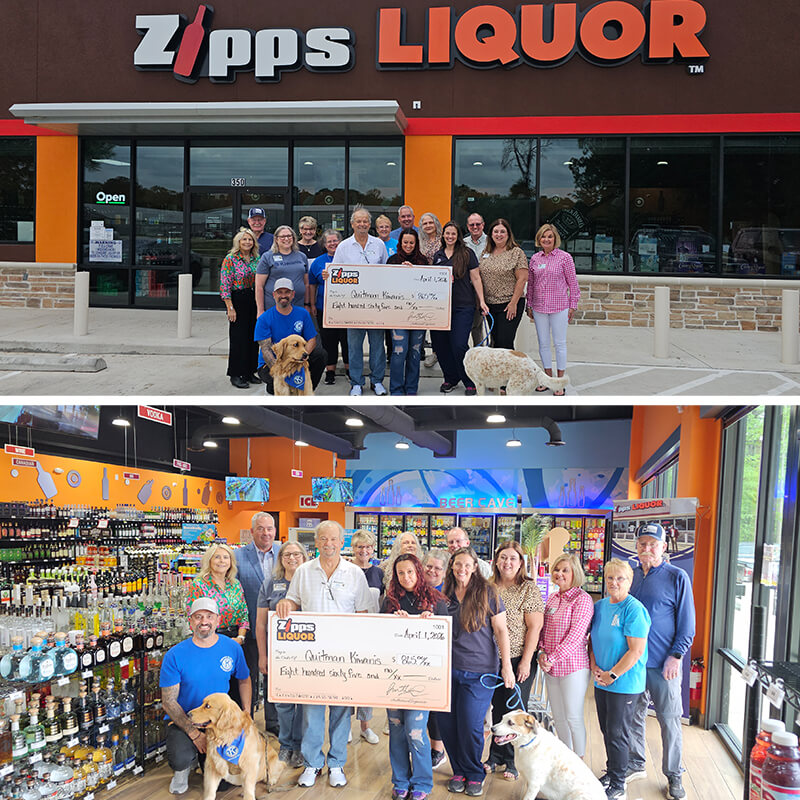 Zipps Liquor team donating to community organizations in front of the store and inside the shop
