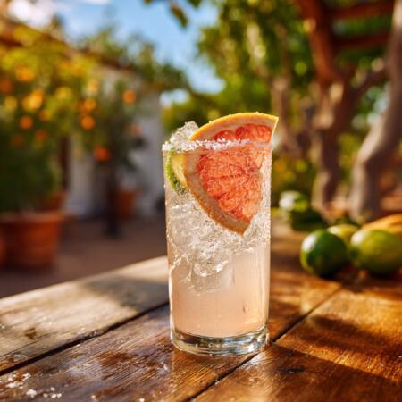 Authentic Texas Paloma cocktail with grapefruit, lime, and salt rim served over ice