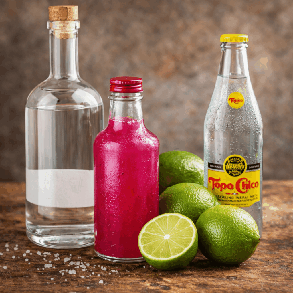 Tequila, prickly pear syrup, fresh limes, and sparkling water for making cactus cocktails