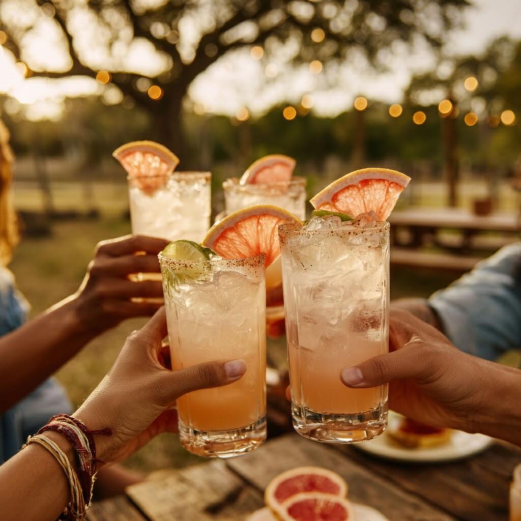Friends holding Texas Paloma cocktails with grapefruit and lime at a backyard gathering