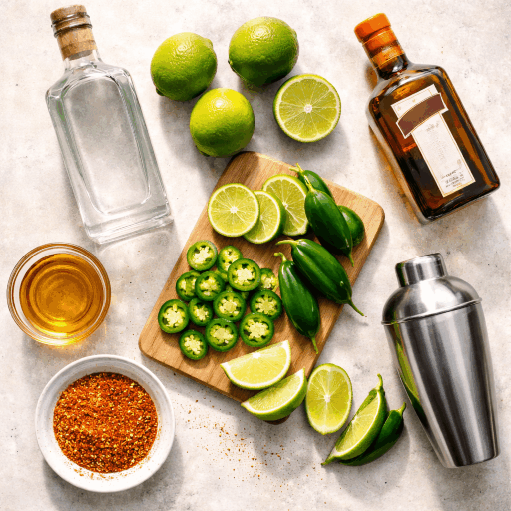 Ingredients for making a jalapeño margarita with tequila lime and jalapeños