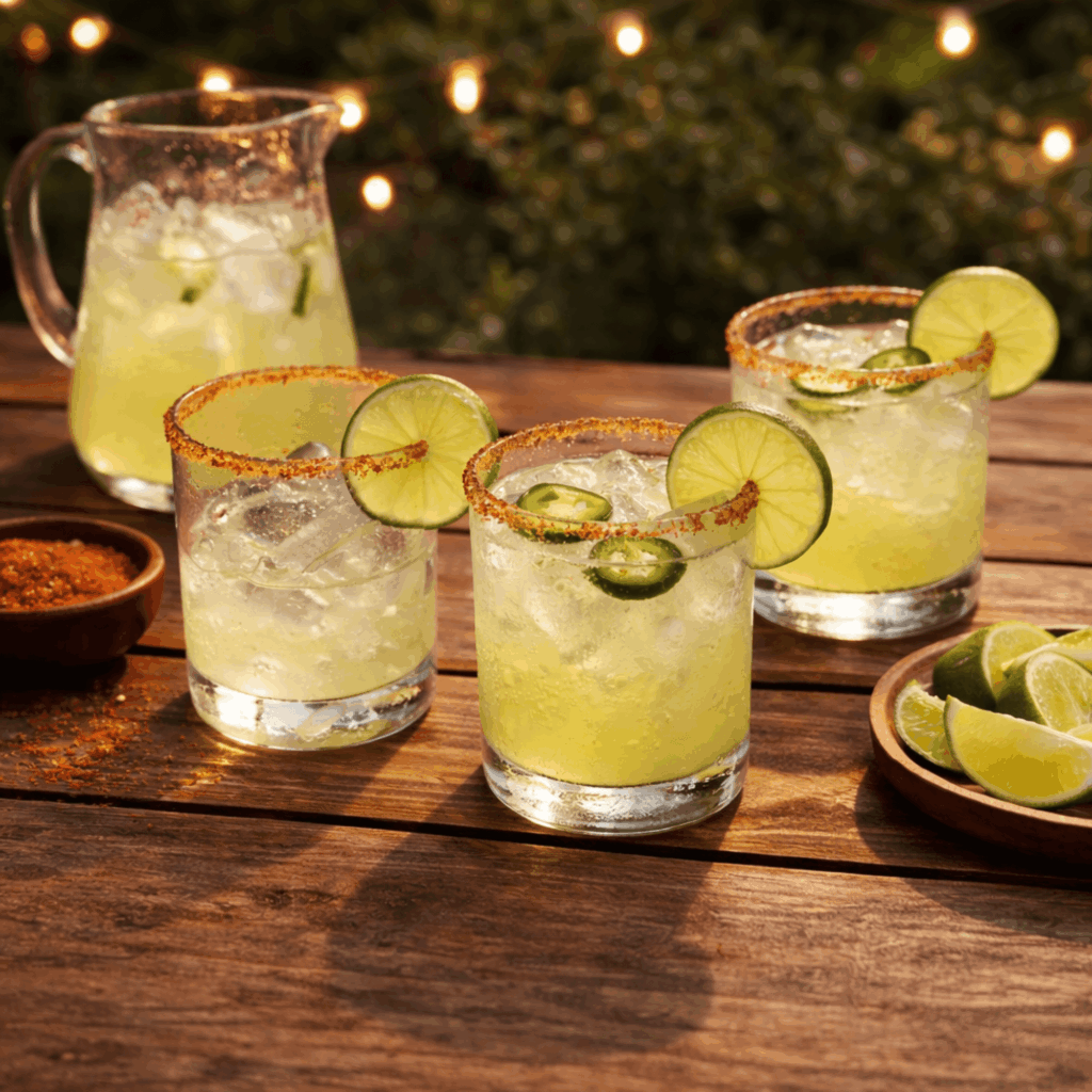 Jalapeño margarita batch served with limes and Tajín
