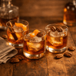 Pecan whiskey cocktails with toasted pecans and ice on a rustic Texas table