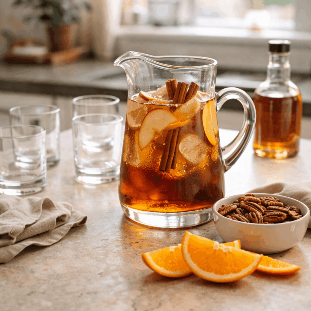 Batch pecan whiskey cocktails prepared for a Texas holiday gathering
