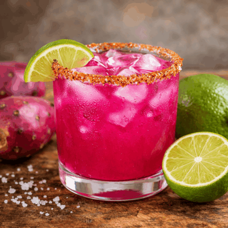Vibrant pink prickly pear margarita with salt and Tajín rim next to fresh lime