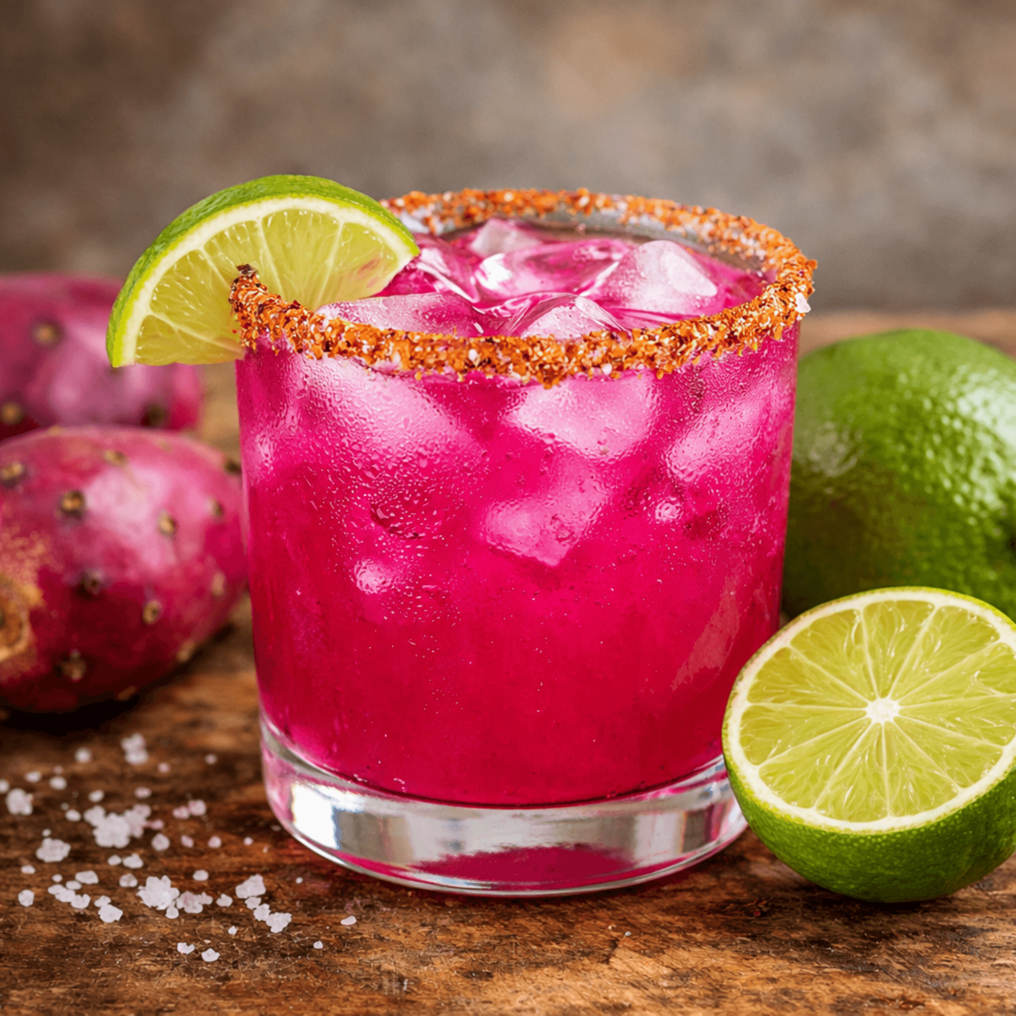 Vibrant pink prickly pear margarita with salt and Tajín rim next to fresh lime