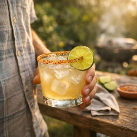 Smoky mezcal margarita with Tajín rim and fresh lime served over ice