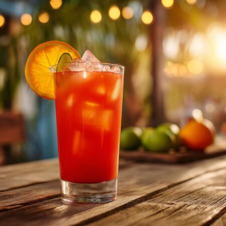 Texas Hurricane cocktail in a tall hurricane glass with citrus garnish and vibrant red-orange color