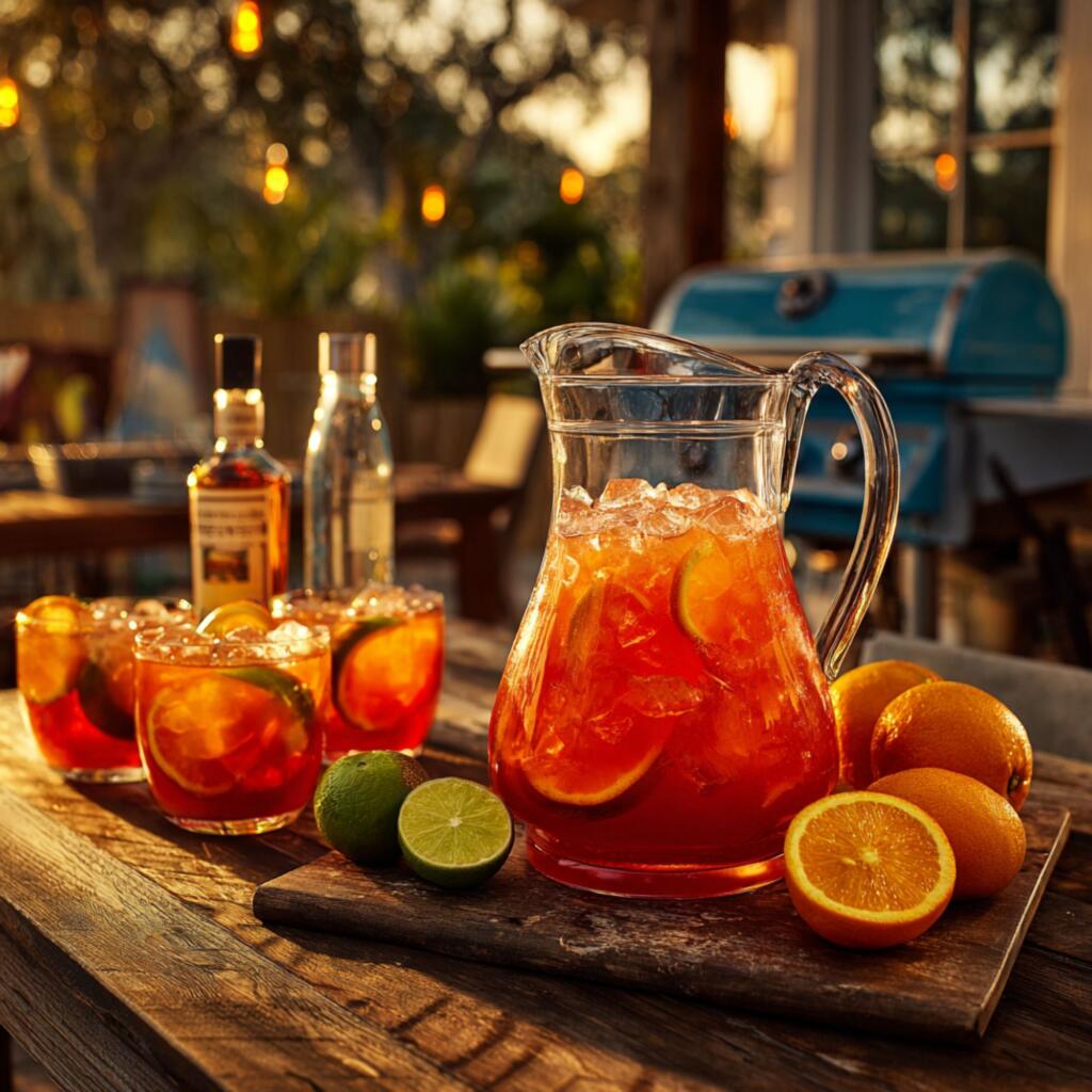 Texas Hurricane Cocktail: A Southern Spin on the New Orleans Classic Large pitcher of Texas Hurricane cocktail surrounded by rum bottles, citrus, and party glasses