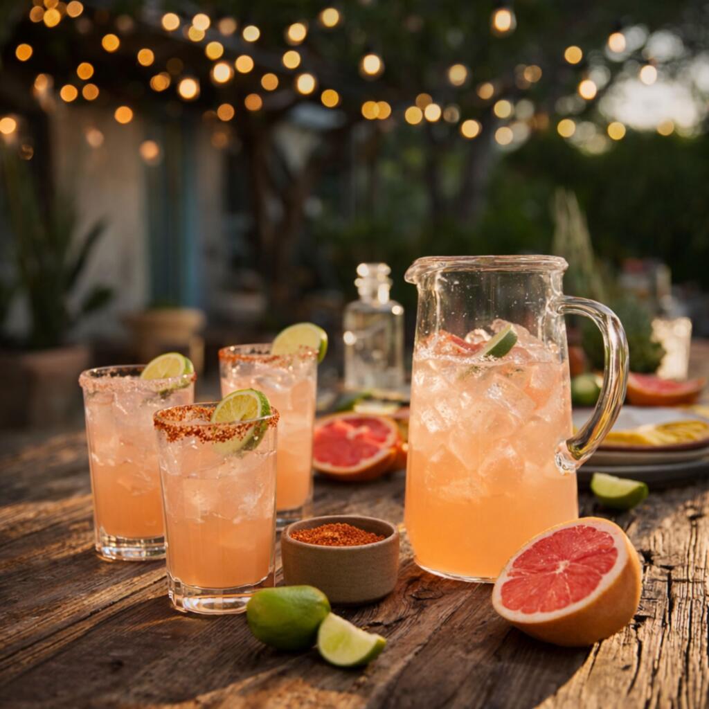 Pitcher of Texas Paloma cocktails with grapefruit and tequila set up for outdoor entertaining