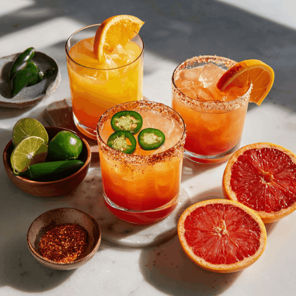 Texas Sunrise cocktail variations including spicy and grapefruit versions