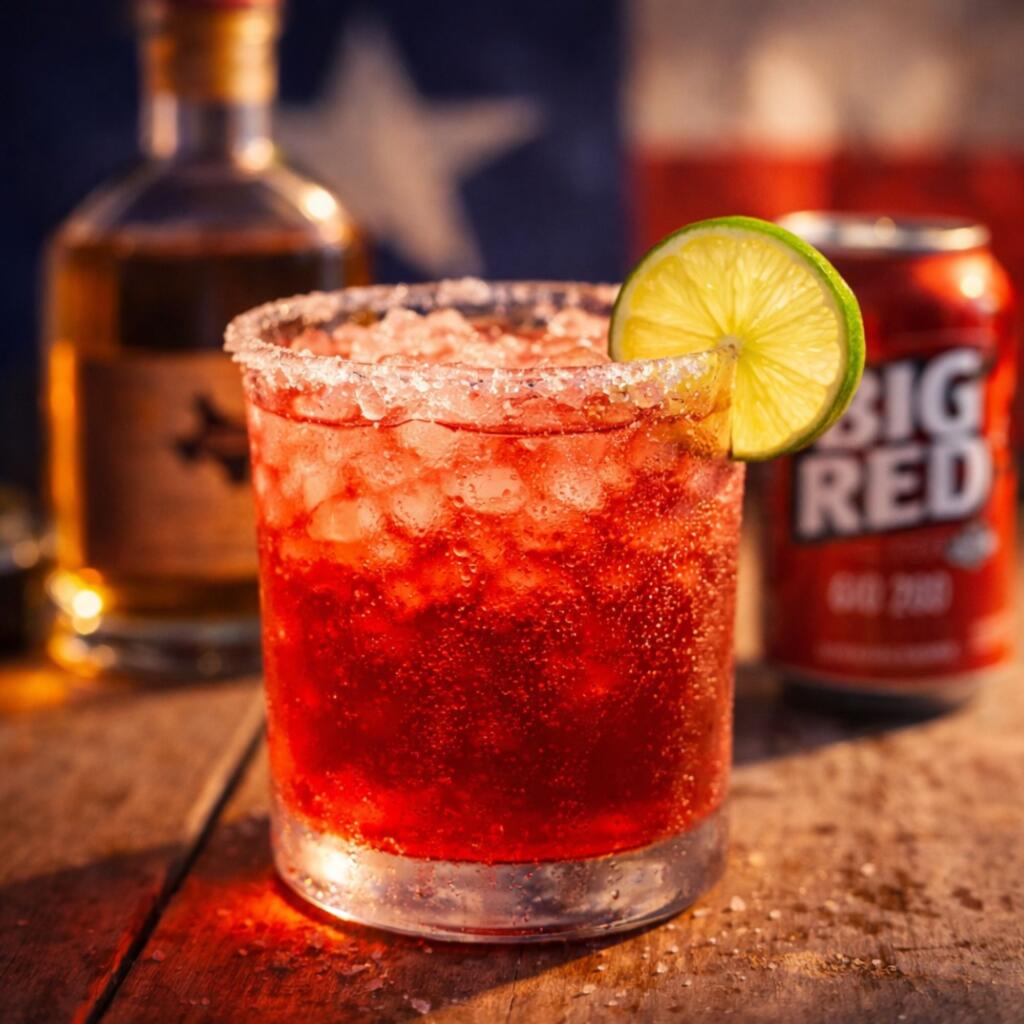 Big Red margarita in salt-rimmed glass with tequila and fresh lime garnish on Texas flag background