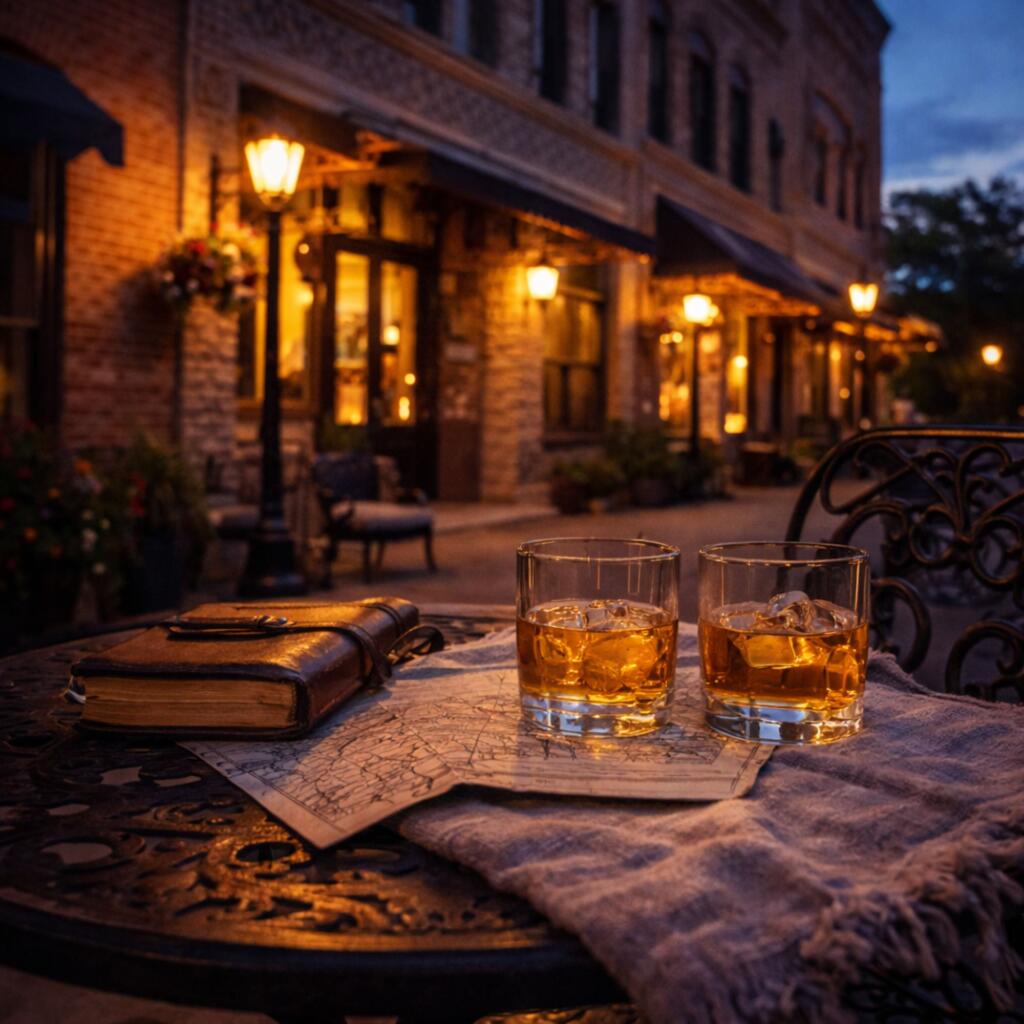  Historic Mineral Wells downtown with whiskey glasses and cozy romantic hotel setting for Valentine's Day Hill Country getaway