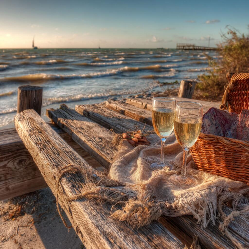 Port Lavaca beach sunset with champagne glasses and romantic picnic setup on Lavaca Bay for Valentine's Day weekend