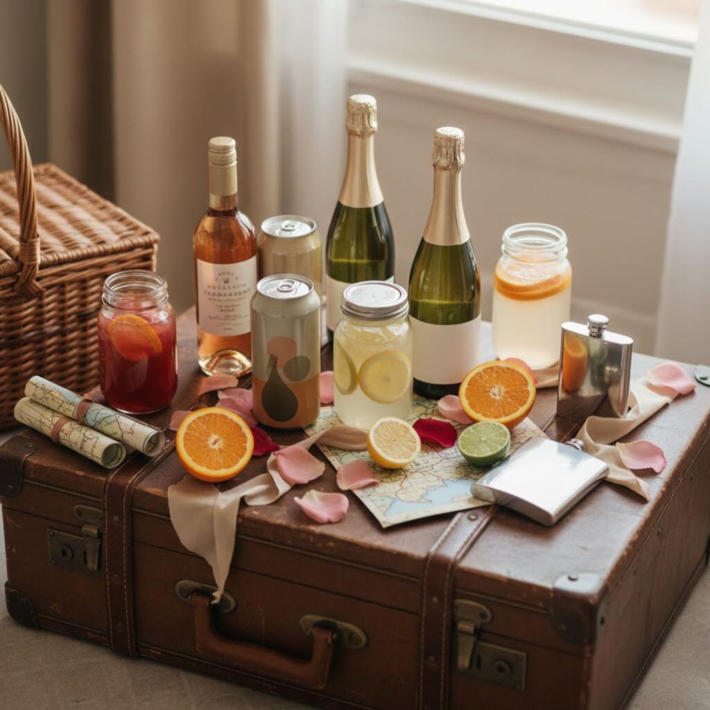 Travel-friendly champagne bottles, canned cocktails, and portable wine perfect for Texas Valentine's Day romantic getaways