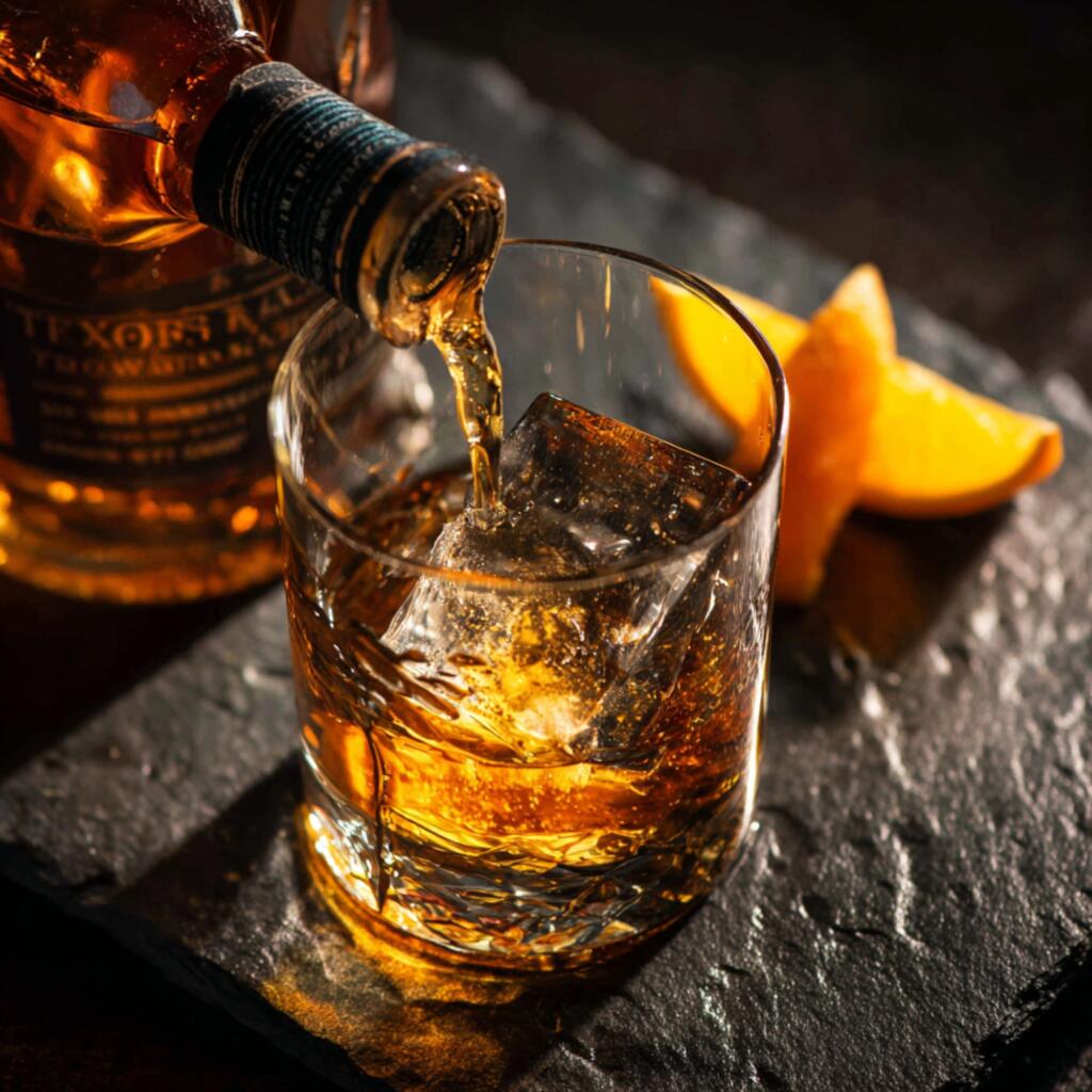 Best Texas Liquor Brands to Try in 2026: Vodka, Tequila, Whiskey & More Texas bourbon whiskey being poured into glass with ice cube on dark slate surface