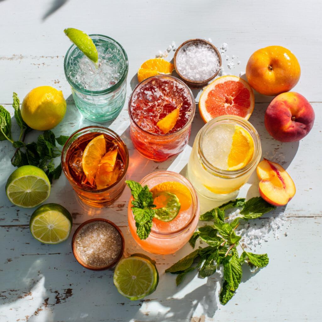 Best Texas Liquor Brands to Try in 2026: Vodka, Tequila, Whiskey & More Five Texas cocktails including Ranch Water, Old Fashioned, and Paloma arranged with fresh ingredients