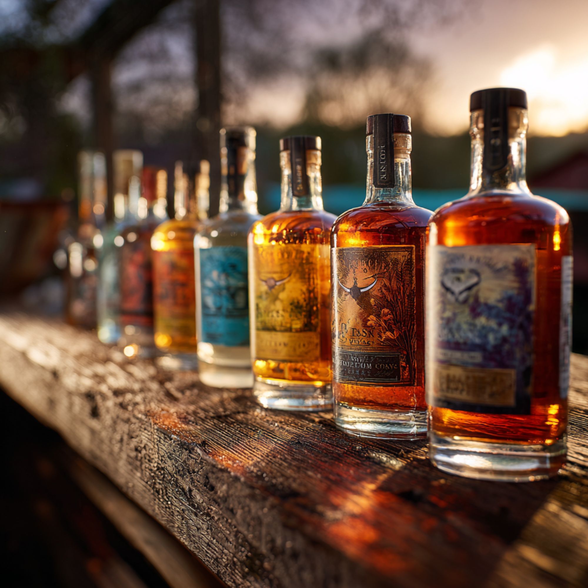 Texas craft liquor bottles including bourbon, vodka, and gin arranged on wooden bar with sunset background