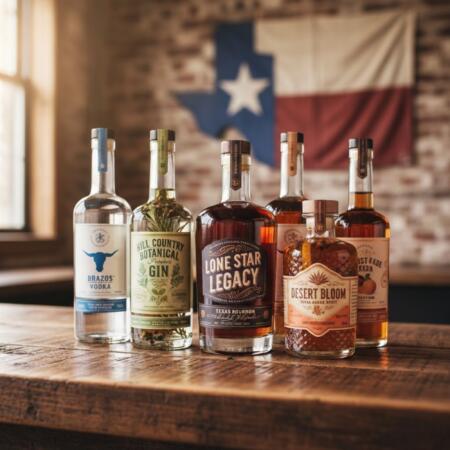 Texas distilled spirits including whiskey, vodka, gin, and agave spirits displayed on wooden bar with Texas flag in background