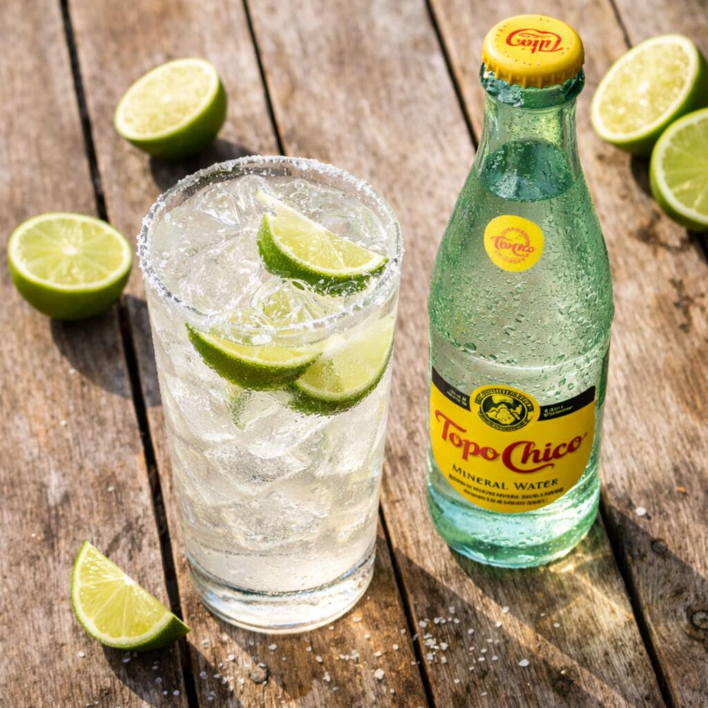  Texas Ranch Water cocktail in highball glass with fresh lime, Topo Chico mineral water, and Texas agave spirit on rustic wood