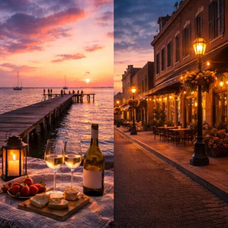 Romantic Texas weekend getaway featuring coastal Port Lavaca sunset and historic Mineral Wells downtown for Valentine's Day couples