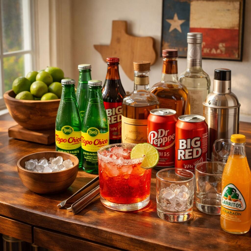 Home bar setup featuring Texas soda brands, premium spirits, fresh limes, and ice for making cocktails