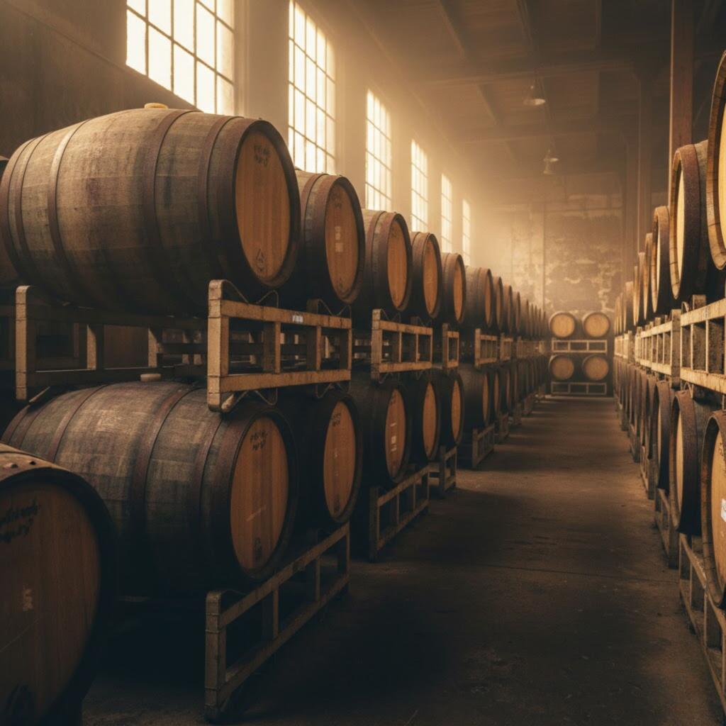 Wooden whiskey barrels aging in Texas distillery warehouse with natural light showing traditional bourbon production