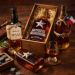 Texas Whiskey Gift Guide: Best Bottles for Every Budget and Occasion Premium Texas whiskey bottles wrapped as gifts with Texas flag and wooden presentation box at Zipps Liquor