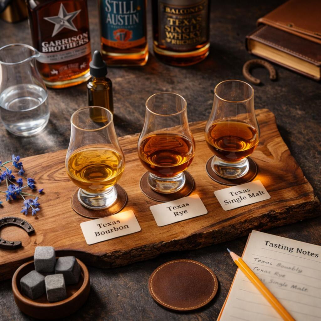 Texas Whiskey Gift Guide: Best Bottles for Every Budget and Occasion Texas whiskey tasting flight in Glencairn glasses showing bourbon, rye, and single malt varieties from Texas distilleries