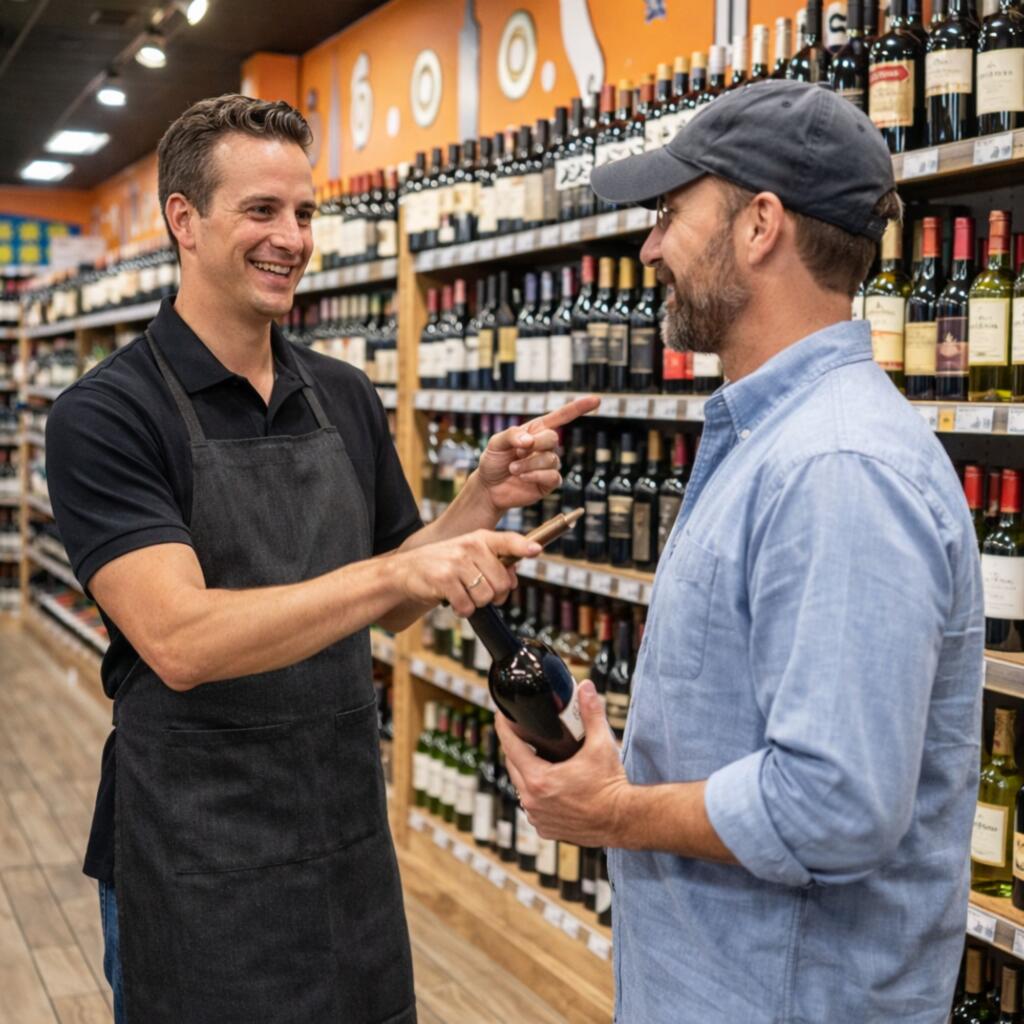 Friendly Zipps Liquor staff member helping customer select wine in Quitman store