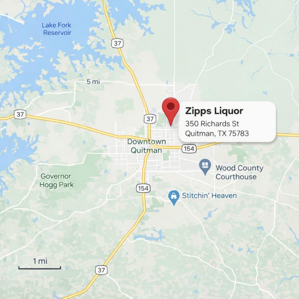 Zipps Liquor Quitman store location map showing proximity to Lake Fork Reservoir and downtown