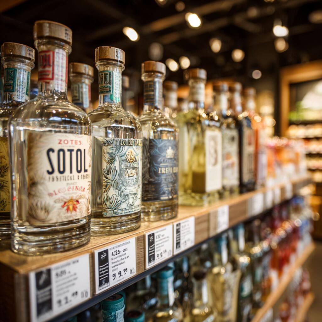 Zipps Liquor store shelf displaying various sotol bottles available in Texas locations