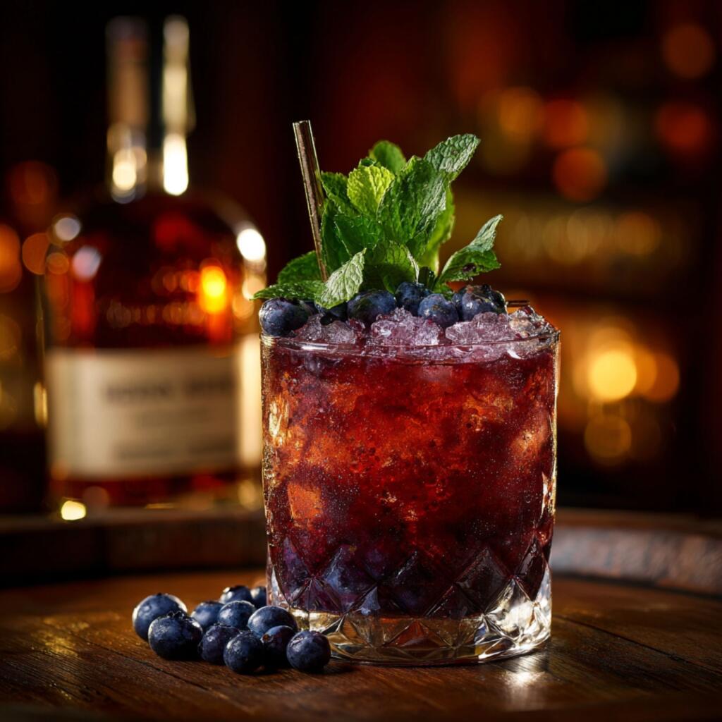 Blueberry whiskey smash cocktail with muddled berries, bourbon, and mint in rocks glass over crushed ice